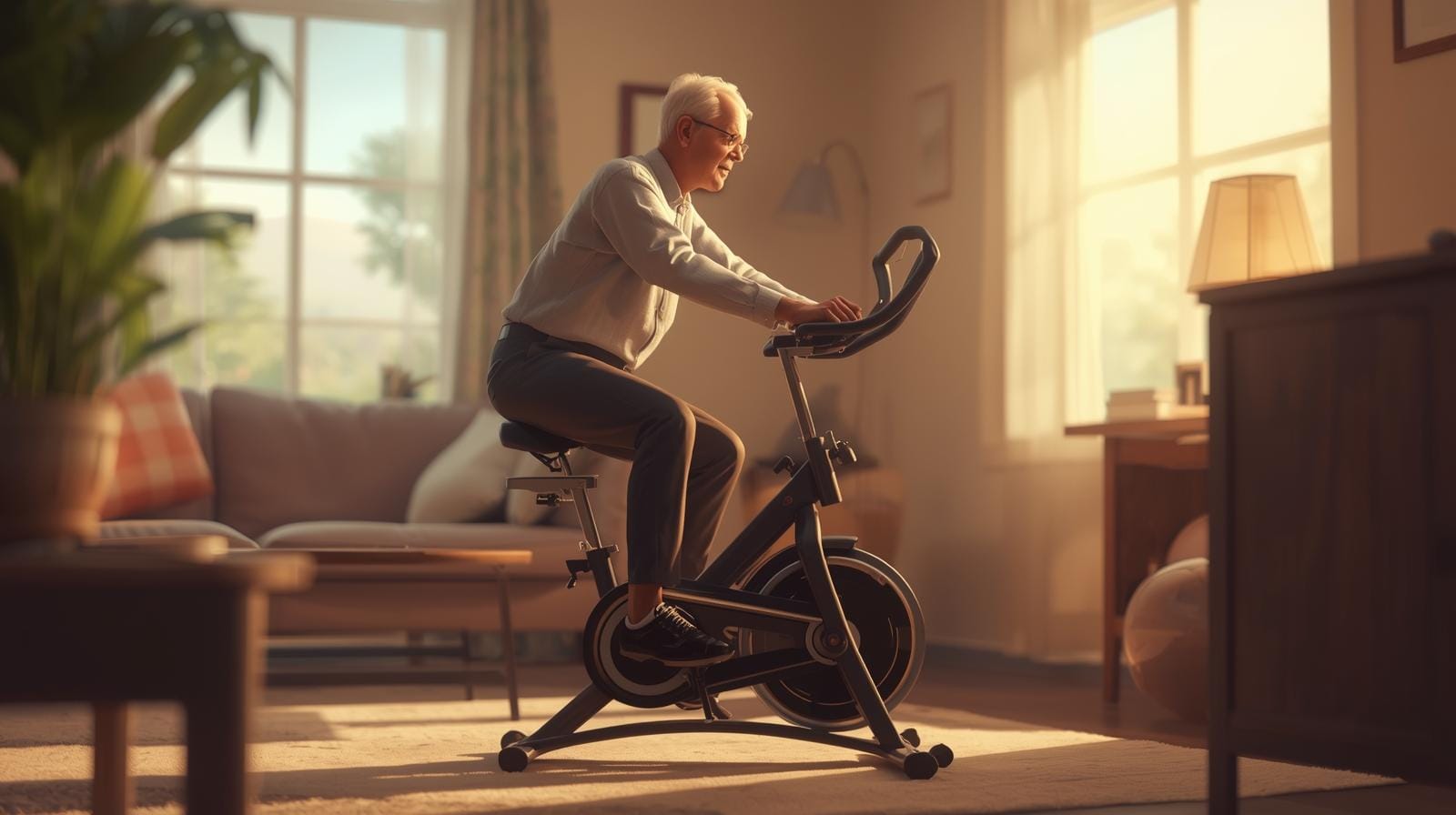 Imagem de uma mini bicicleta ergométrica compacta usada por uma pessoa idosa em casa.