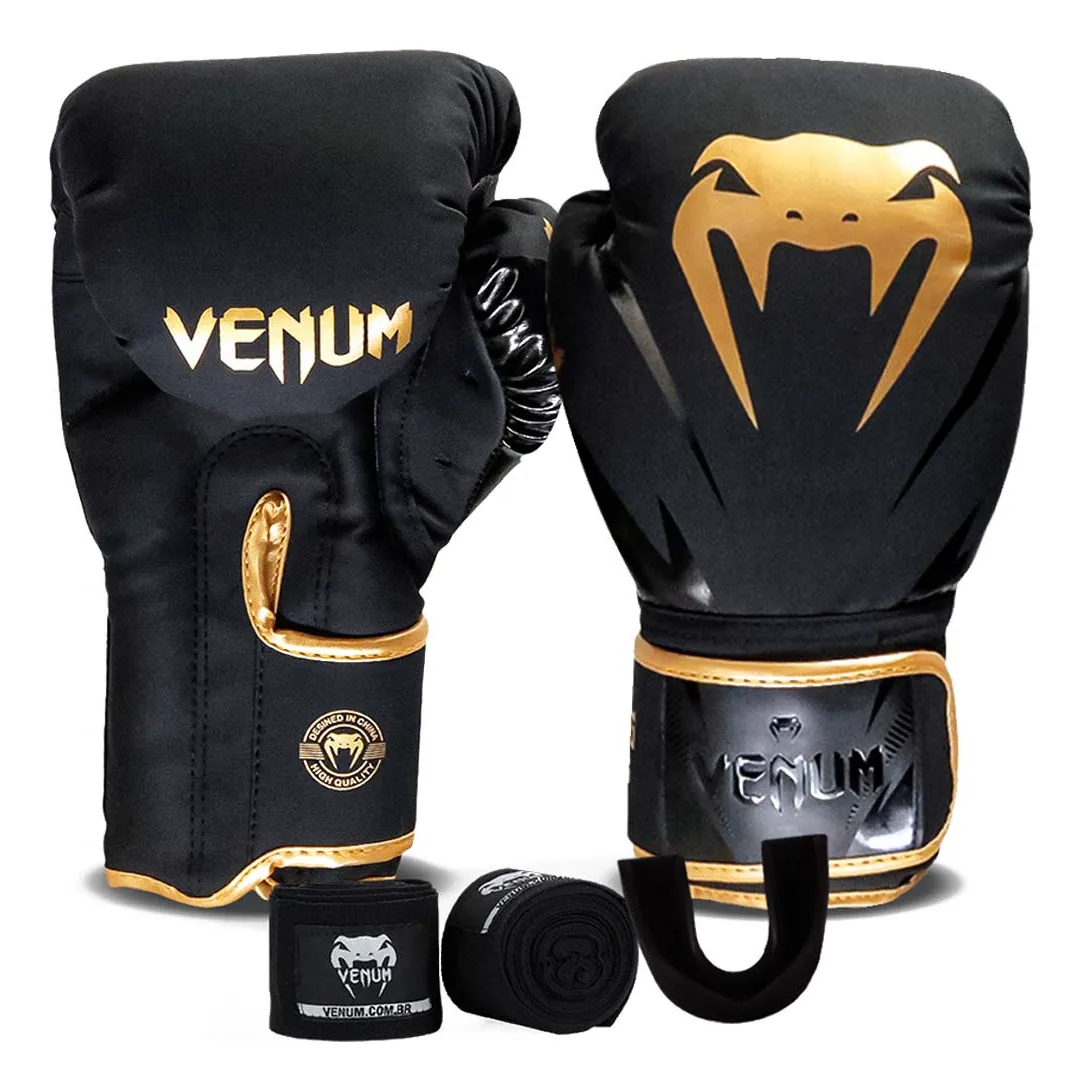 Kit Boxe Venum New Impact Evo dourado com luva, bandagem e bucal