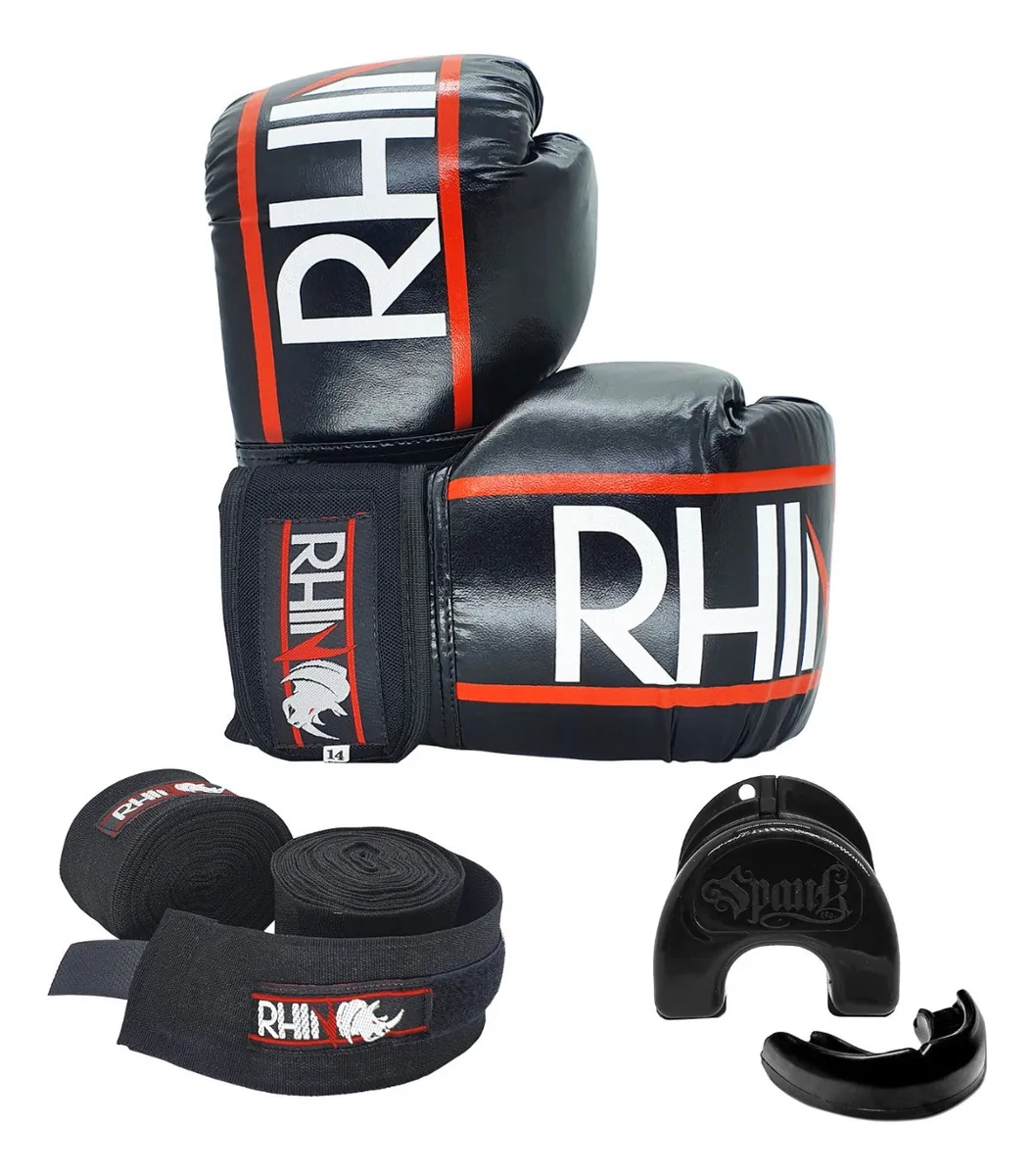 Kit Boxe Rhino preto com luva, bandagem e protetor bucal