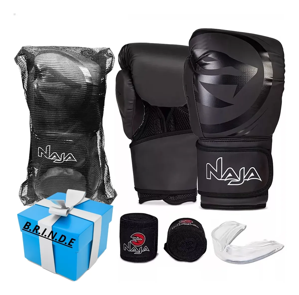 Kit Luva Boxe Muay Thai Naja Black com bandagem e bucal
