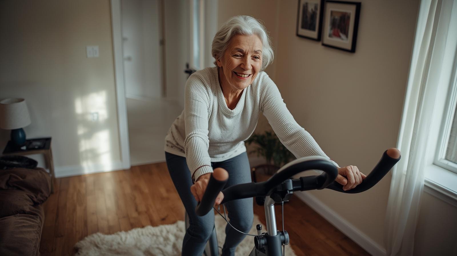 Mulher idosa sorridente pedalando uma bicicleta ergométrica.
