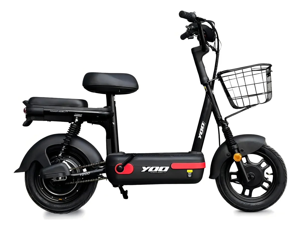 Bicicleta elétrica Yoo Mobility Y-200 com dois assentos e bagageiro dianteiro