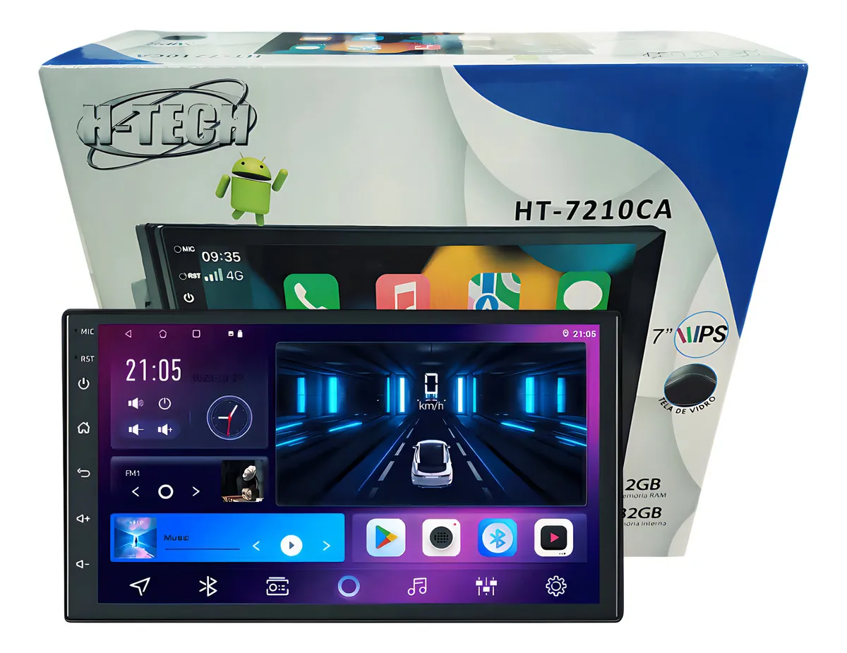 H-Tech HT-7210CA 7 polegadas 2 DIN IPS CarPlay Android Auto GPS Wi-Fi Bluetooth