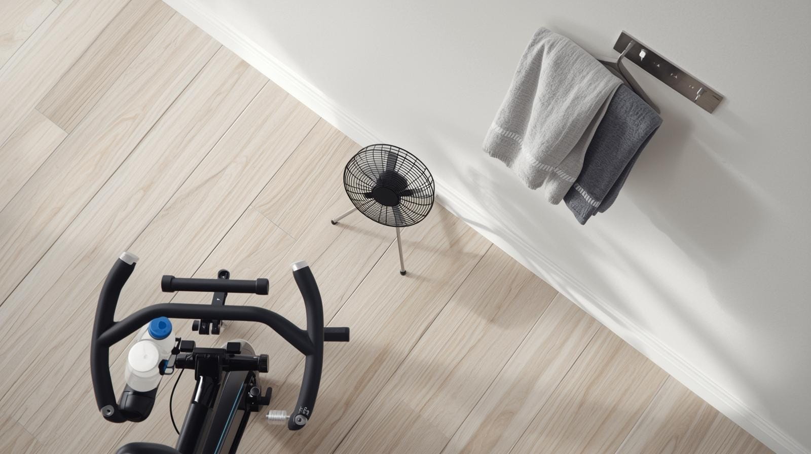 Água, ventilação e toalha ao alcance pequenos acessórios que fazem grande diferença na qualidade do seu treino.