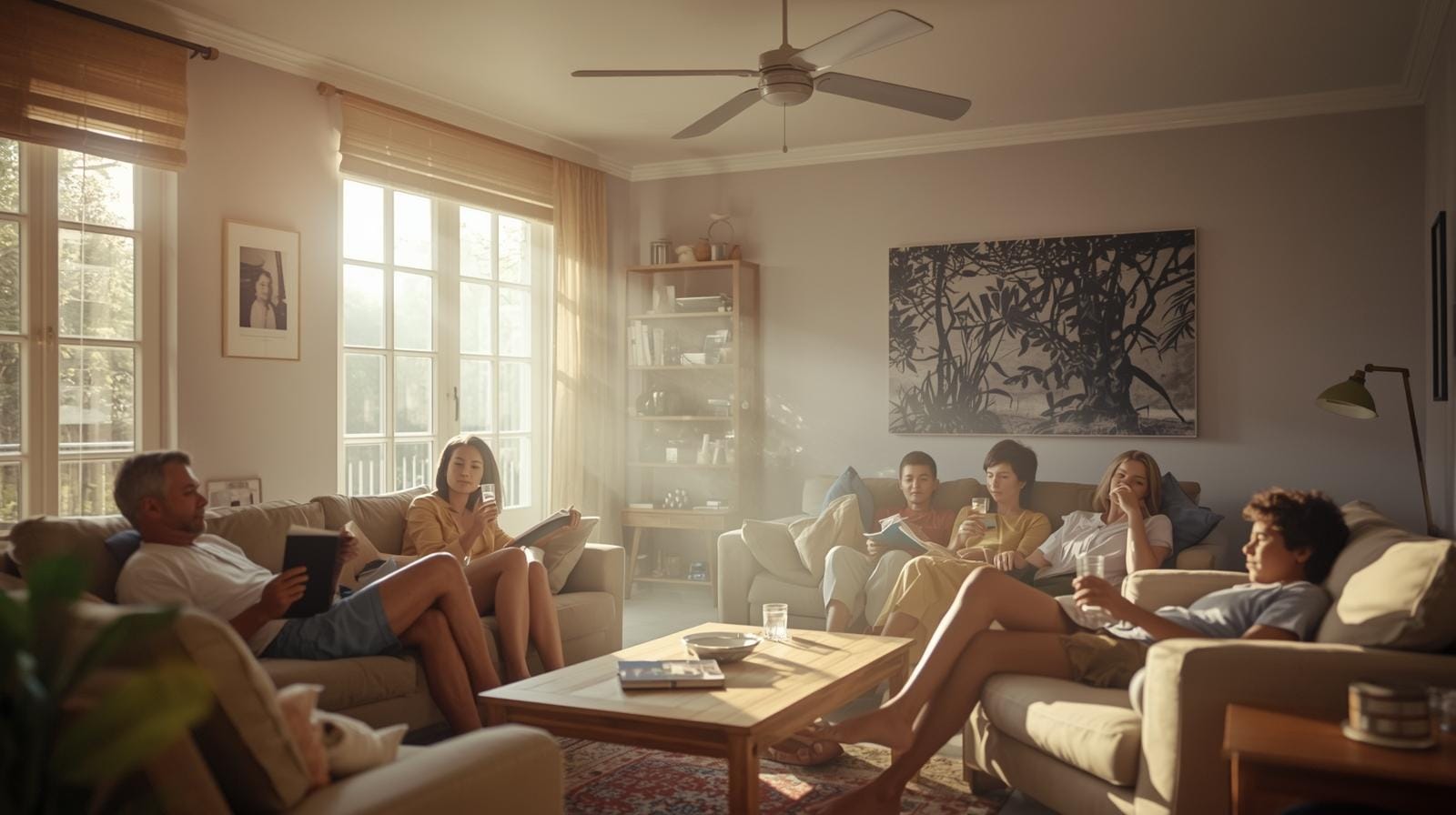 Família brasileira aproveitando ambiente fresco com ventilador de teto em tarde quente, sem ar-condicionado.