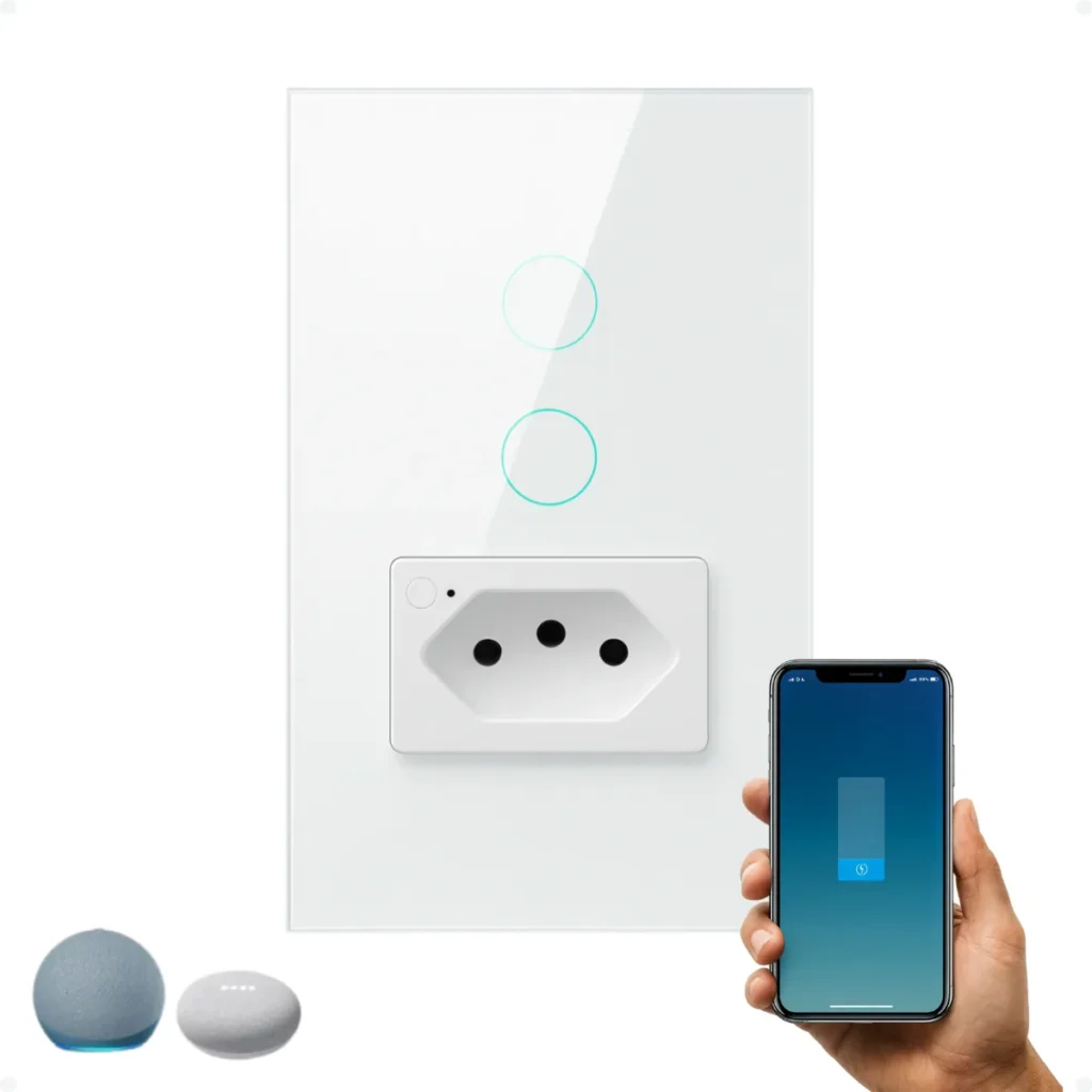 Interruptor Wifi Inteligente 2 Botões Touch + 1 Tomada Alexa