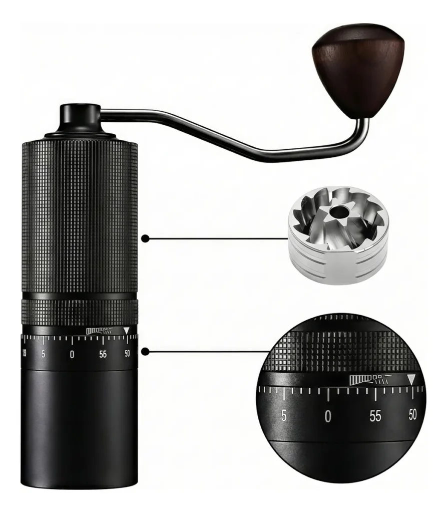 Moedor De Café Manual Yesop Inox Núcleo Aço Cnc 6 Regulagens Ajustável Manivela Portátil Profissional