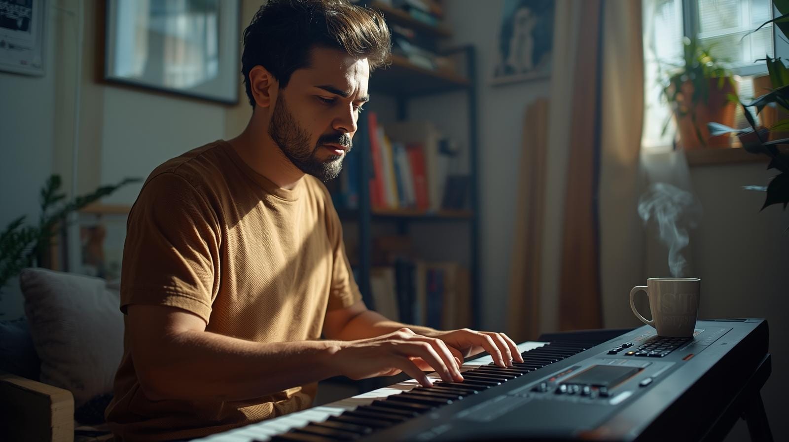 Pessoa tocando teclado musical em canto iluminado de casa brasileira, em momento de aprendizado e expressão pessoal.