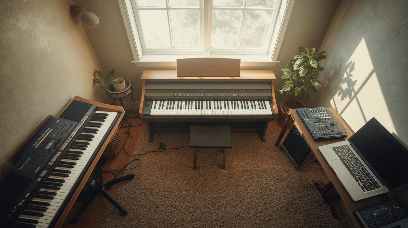 Três tipos de teclados musicais em ambiente residencial arranjador, piano digital e controlador MIDI, cada um com propósito distinto.