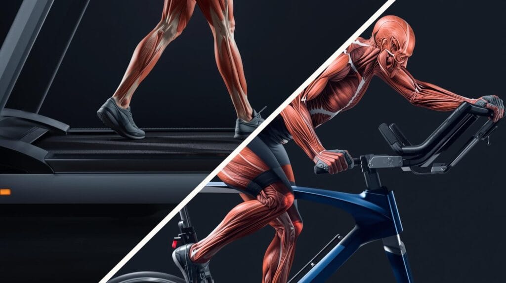 Esteira glúteos, posteriores e core. Bicicleta quadríceps. Escolha pelo músculo que você quer ativar — não só pelo gasto calórico.