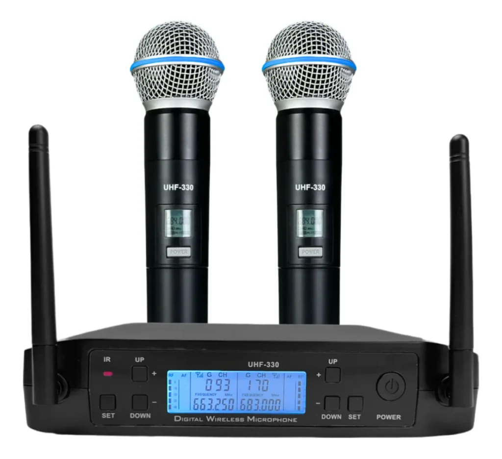 Microfone Sem Fio Duplo Profissional Receptor Frequência Som Cor Preto