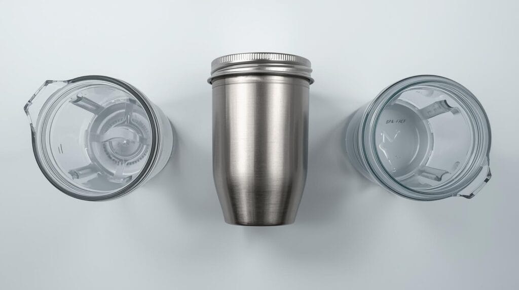 Vidro pesado, mas inquebrável ao calor. Aço opaco, ideal para molhos. Tritan leve, transparente e resistente a impactos — o favorito em 2026.