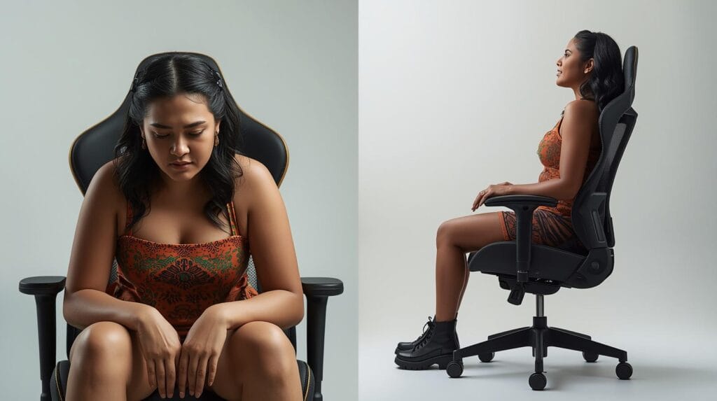 Abas laterais parecem imersivas, mas forçam postura curvada. Ergonomia verdadeira abre os ombros — não os prende.