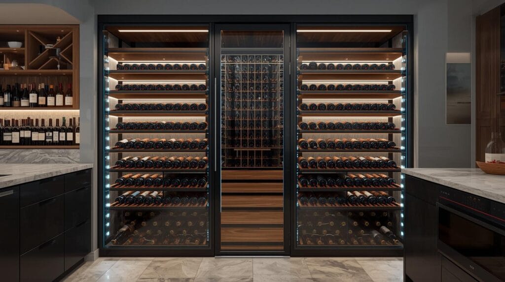 Adega climatizada moderna com prateleiras de madeira e iluminação LED armazenando garrafas de vinho em uma cozinha elegante.
