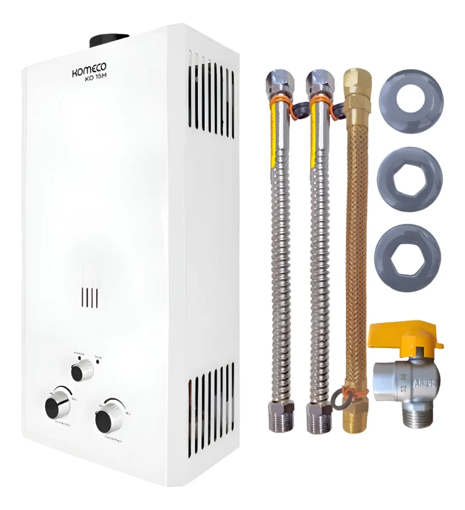 Aquecedor De Água A Gás Komeco 15 Litros Glp A Pilha +kit Branco