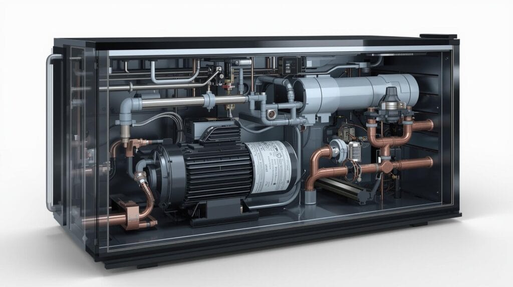 Diagrama interno mostrando como funciona uma adega com compressor e sistema de gás refrigerante.