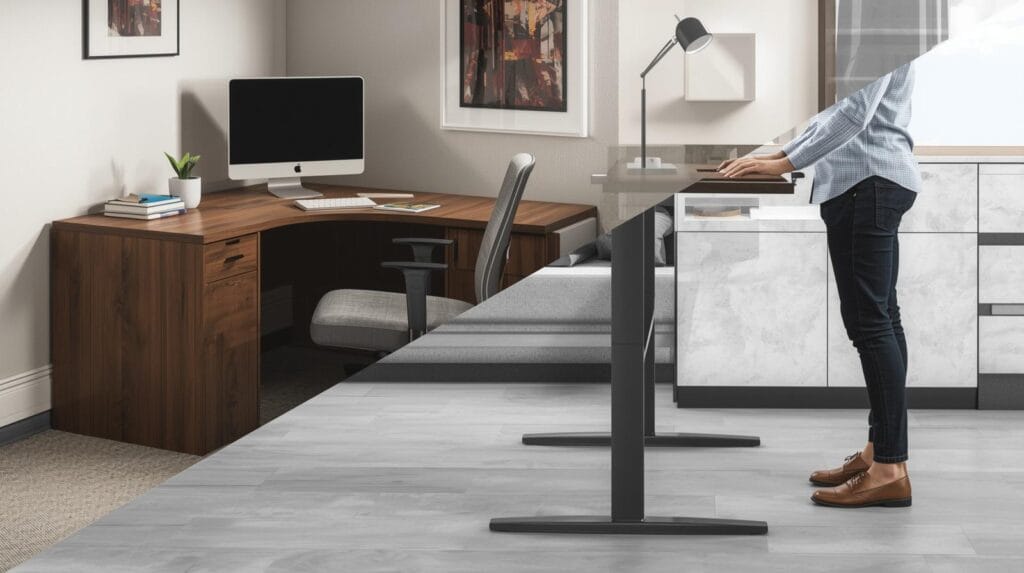 Em L setoriza tarefas. Standing desk combate sedentarismo. Escolha pelo seu fluxo de trabalho.