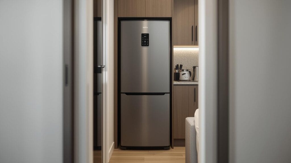 Freezer vertical instalado em cozinha pequena mostrando como o design compacto economiza espaço em apartamentos
