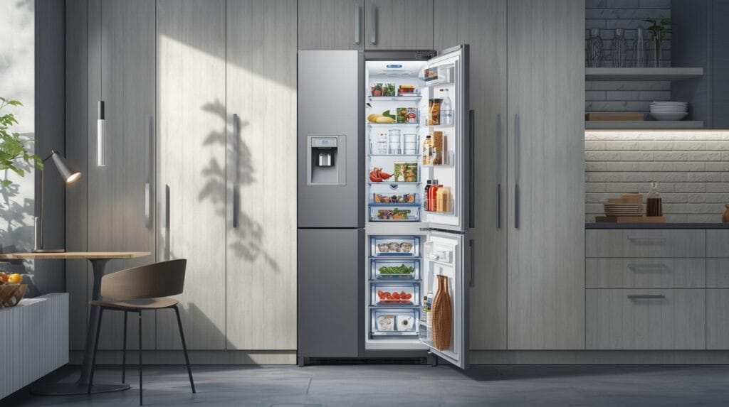 Freezer vertical moderno com porta aberta mostrando gavetas organizadas com alimentos congelados, destacando a praticidade e organização desse eletrodoméstico na cozinha.