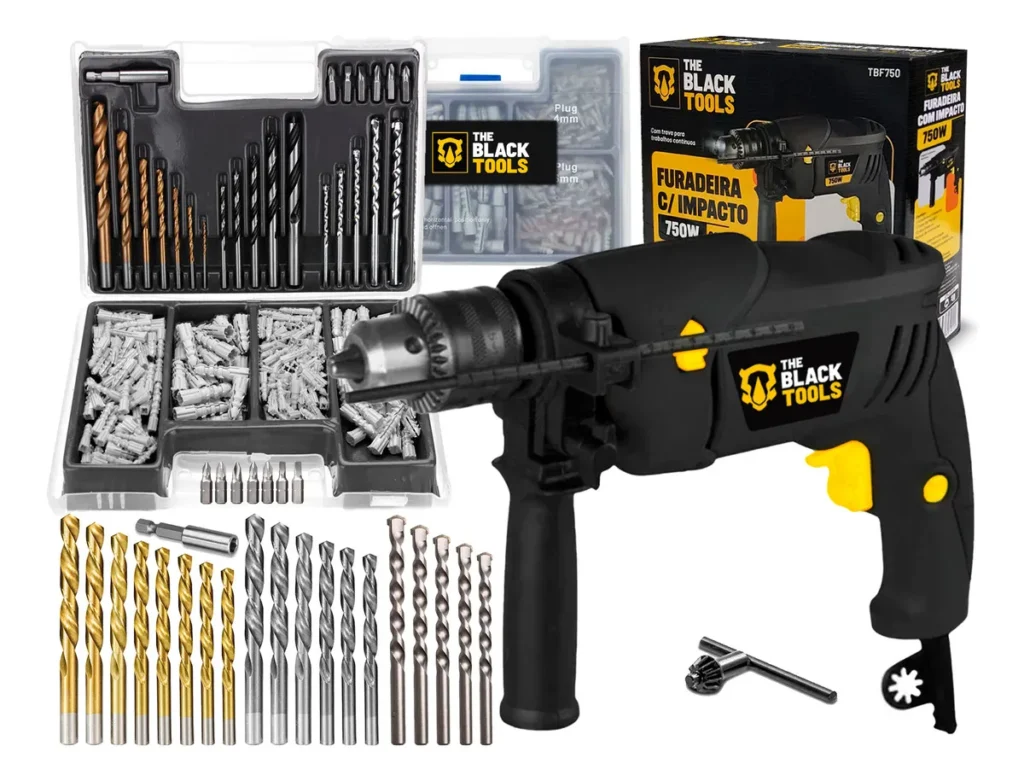 Furadeira De Impacto 13mm 750w Profissional Com Kit Brocas Buchas E Bits 300 Peças The Black Tools