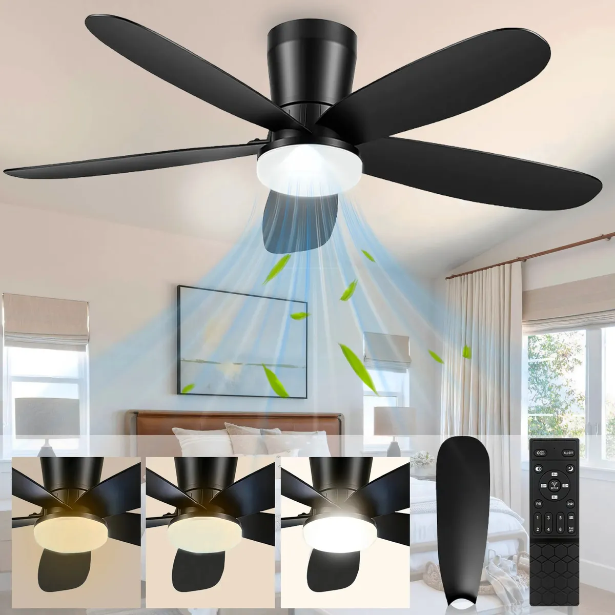 Ventilador de teto 42 polegadas com controle e luz LED 5 pás preto motor DC