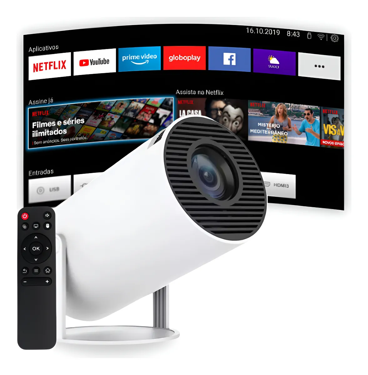Projetor portátil 4K HD Android 11 Smart Wi-Fi branco
